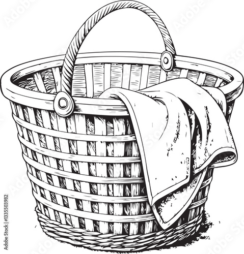 Laundry Basket Black and White Vector Illustration, Sketch Drawing Line Linear Engraving, Hand-drawn Isolated