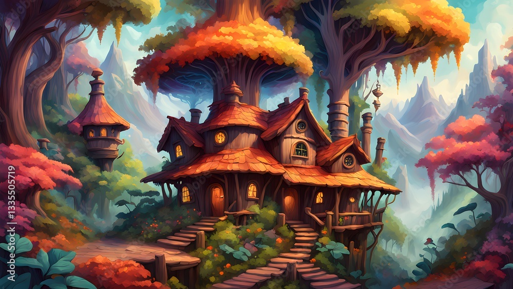 Obraz premium A whimsical illustration depicts a charming treehouse nestled amongst vibrant autumnal foliage majestic mountains.