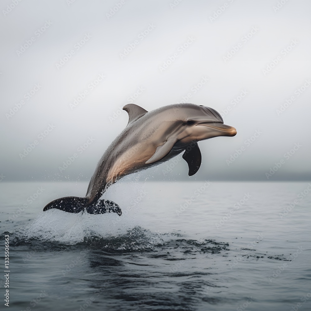 Obraz premium Dolphin leaping ocean misty coast wildlife conservation