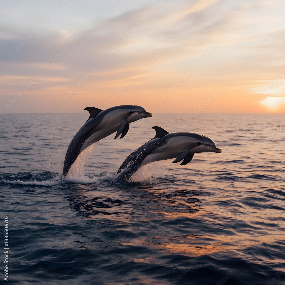 Obraz premium Dolphins leaping sunset ocean wildlife nature travel