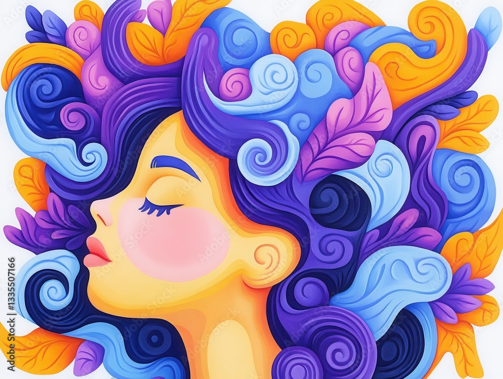 Colorful abstract illustration of a woman with vibrant hair and leaves Colorful abstract illustration of a woman with vibrant hair and leaves