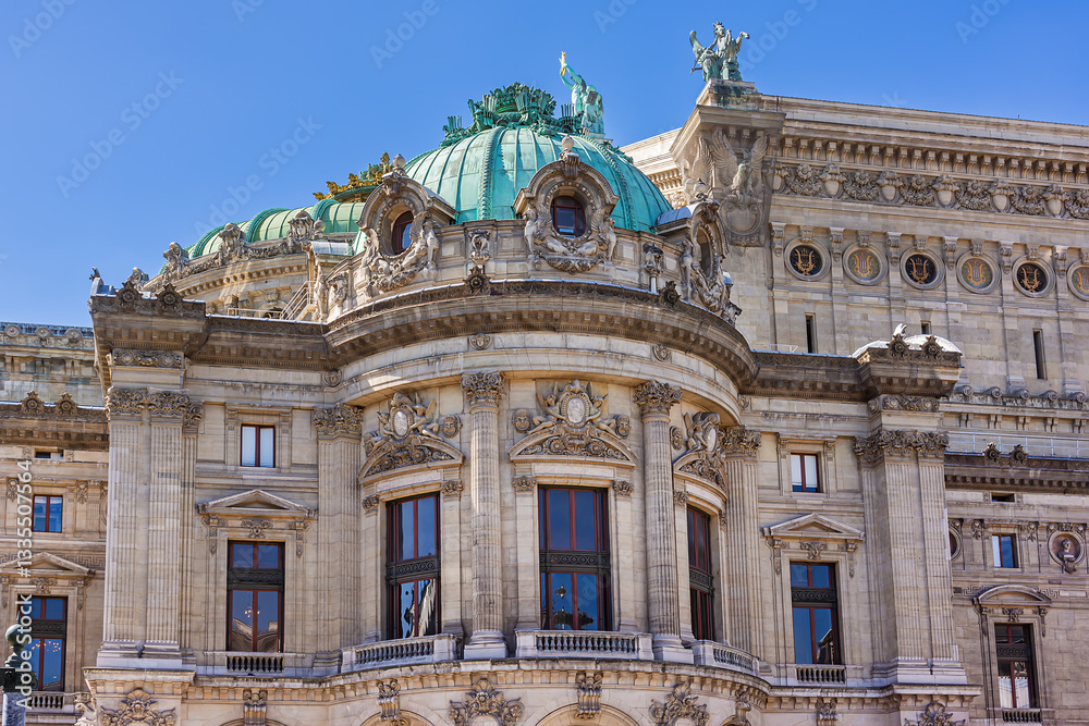 Architectural fragments of neo-baroque Garnier Palace (or Opera National de Paris). Paris, France.