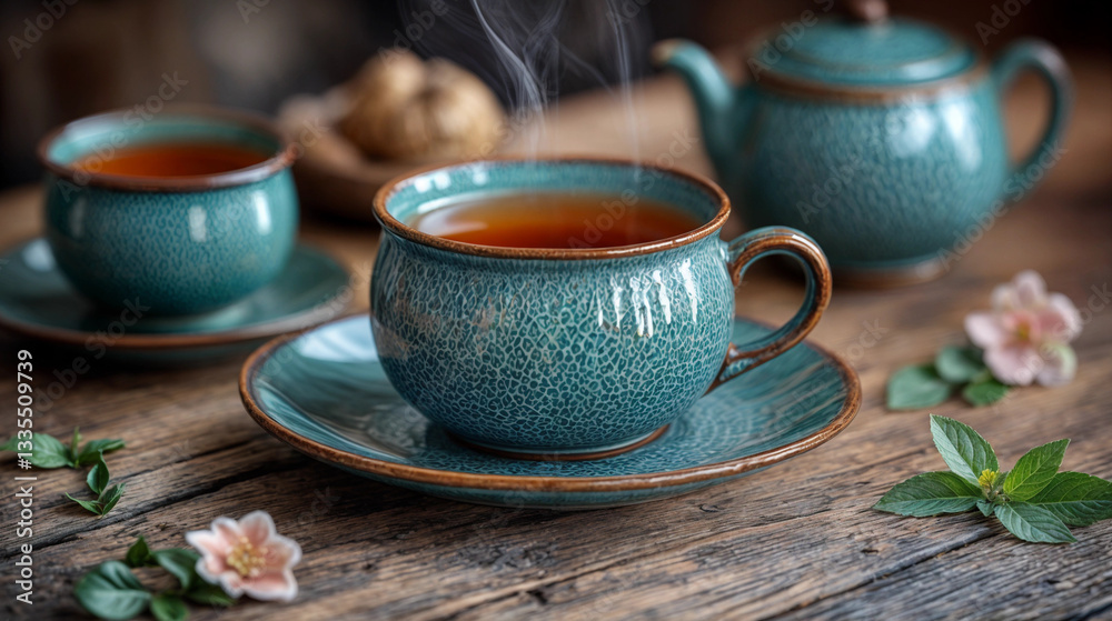 Teapot with oriental style teacup in an Asian oriental setting