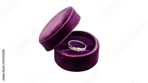 Purple velvet jewelry box with golden ring inside isolated for romantic proposal event luxury gift packaging or elegant wedding ring product visuals