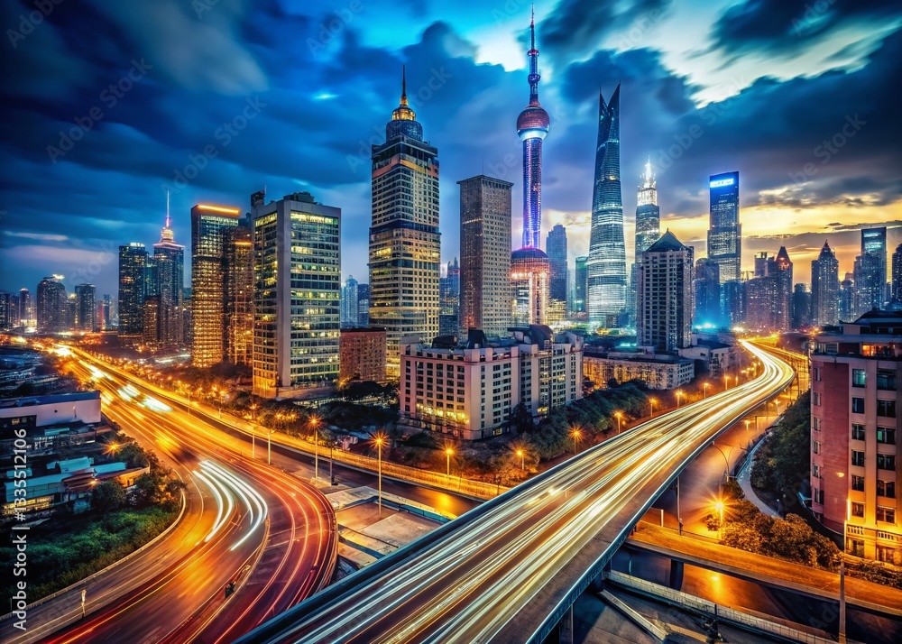 Fototapeta premium Vintage Shanghai Nightscape: Light Trails & Modern Architecture Stock Photo