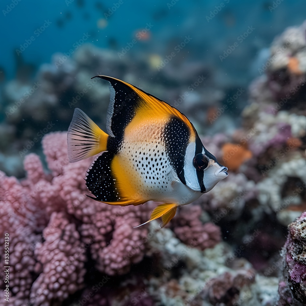 Fototapeta premium Masked butterflyfish swims coral reef, ocean background, underwater wildlife