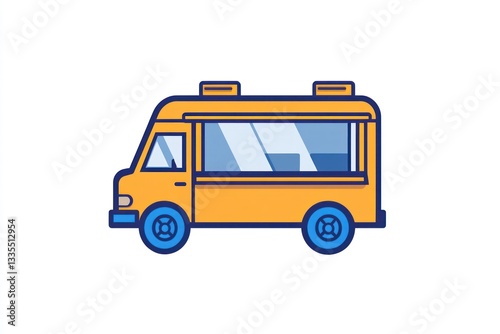 A vibrant yellow food truck with blue wheels perfect for street food events and mobile caterin
