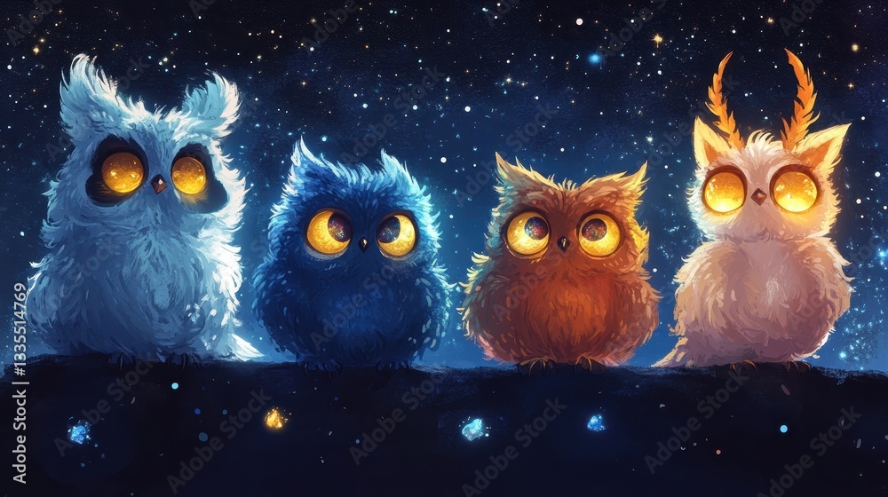 Obraz premium Four Adorable Cartoon Owls Perched On A Dark Tree Branch