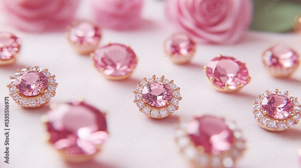 Pink gemstone buttons arranged with roses. Pink gemstone buttons arranged with roses.