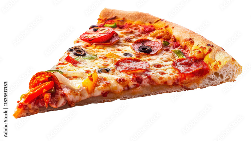 Delicious slice of pizza with pepperoni, vegetables, and melted cheese on transparent background Delicious slice of pizza with pepperoni, vegetables, and melted cheese on transparent background