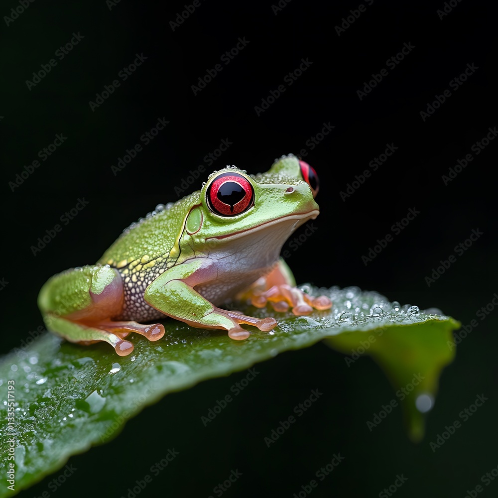 Red-eyed tree frog rainforest leaf dew closeup nature Red-eyed tree frog rainforest leaf dew closeup nature