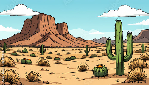 HD Western cartoon background with cactus, desert mountain, mud road, sun, warmth, cowboy, 3D environment, and detailed illustration.