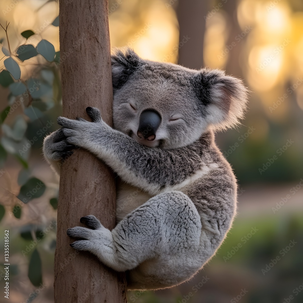 Obraz premium Sleepy Koala hugging tree, sunset forest, wildlife postcard