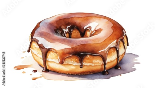 Donut with glaze, dessert element, watercolor style, isolated on white background