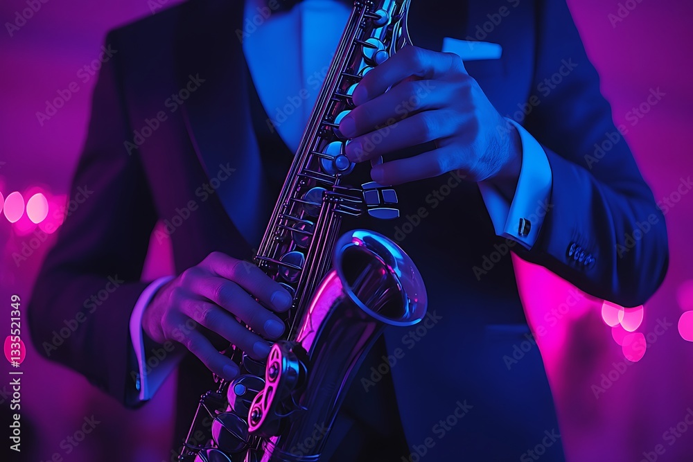 Fototapeta premium A musician in a tuxedo playing a saxophone in dim lighting