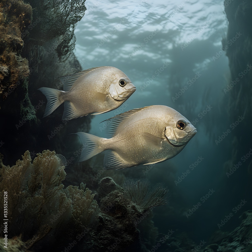 Naklejka premium Two fish swimming near reef, underwater, sunlight, ocean