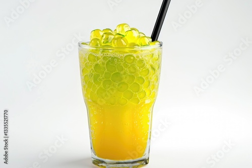 Yellow Bubble Tea with Green Tapioca Pearls in Glass Beaker, Isolated on White Background