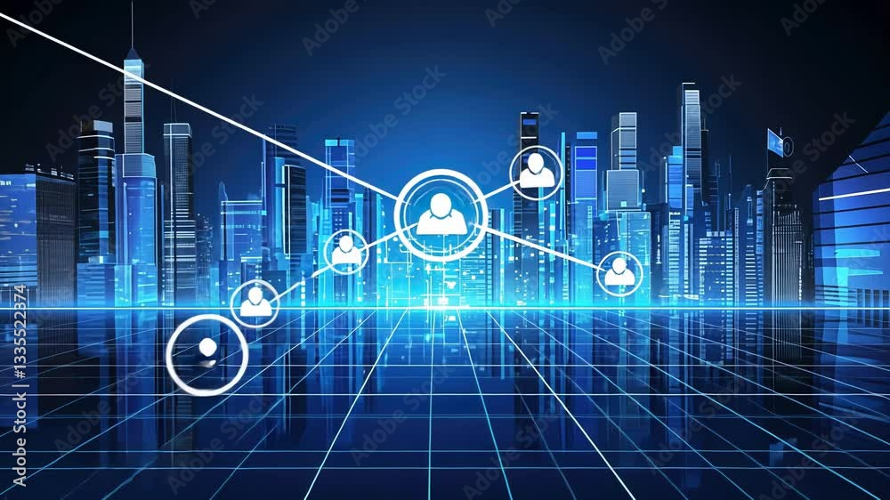 Futuristic cityscape with digital connections.  Interconnected digital profiles overlay a modern city skyline, reflected on a gridded surface.  Networked, digital communication, and data flow depicted
