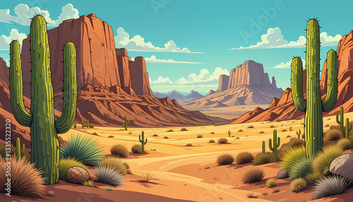 HD Western cartoon background with cactus, desert mountain, mud road, sun, warmth, cowboy, 3D environment, and detailed illustration.
