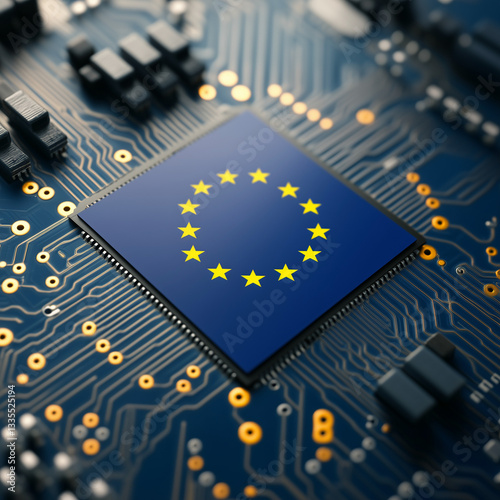 Close-up of a microchip with the EU flag, symbolizing Europe's advancements in technology and digital sovereignty.