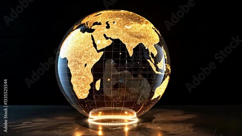 Glowing Digital Globe Displays Illuminated Continents, Highlighting Asia, Africa, and Australia Against Dark Background, Symbolizing Global Connectivity and Technology, Showcasing Futuristic and