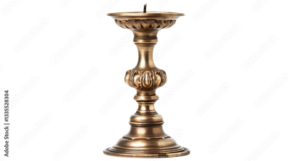 Fototapeta premium Ornate brass candlestick holding a single candle on transparent background