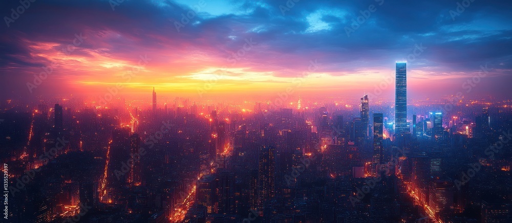 Fototapeta premium Cityscape at sunset with vibrant sky and illuminated skyline