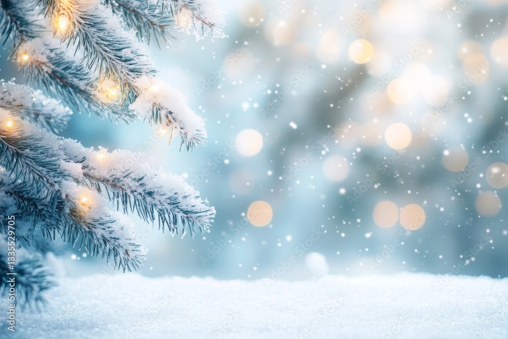 Enchanting winter landscape with blurred snow and bokeh lights for holiday messages and decor Enchanting winter landscape with blurred snow and bokeh lights for holiday messages and decor