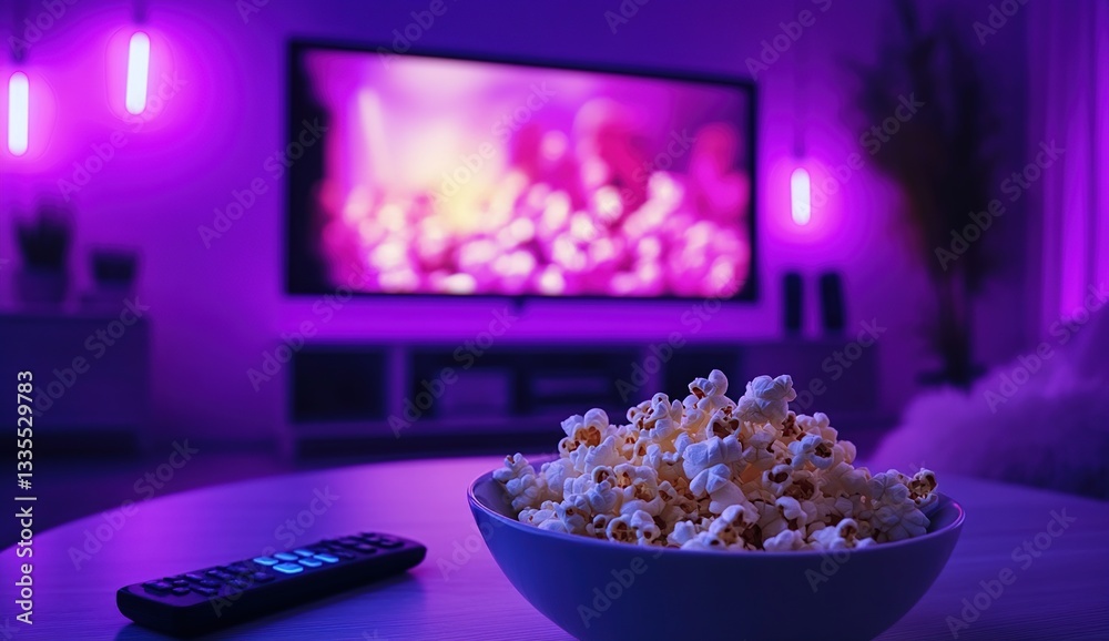 Enjoy Movie Night: Popcorn, Remote, and a Relaxing Atmosphere at Home Under Purple Lighting Enjoy Movie Night: Popcorn, Remote, and a Relaxing Atmosphere at Home Under Purple Lighting
