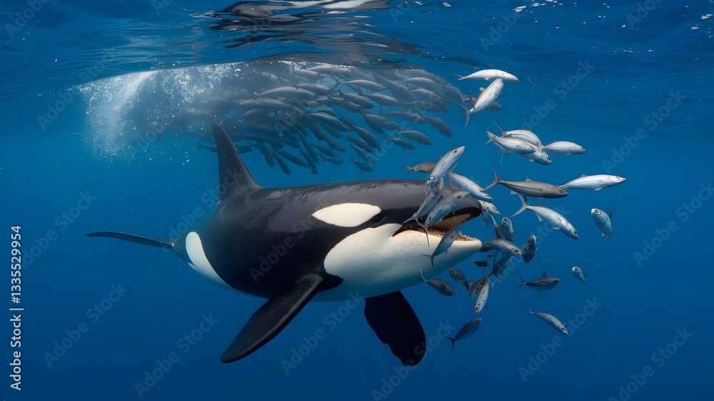 Fototapeta premium Orca Hunting Among School of Fish in Clear Blue Ocean