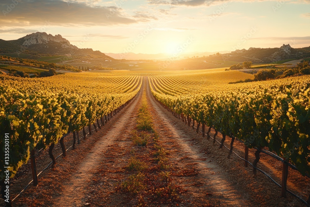 Fototapeta premium Sunrise vineyard rows, golden landscape, path, mountains. Possible use travel, wine, agriculture