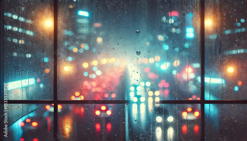 雨粒のついた窓越しに見るネオンが輝く夜の街並み
