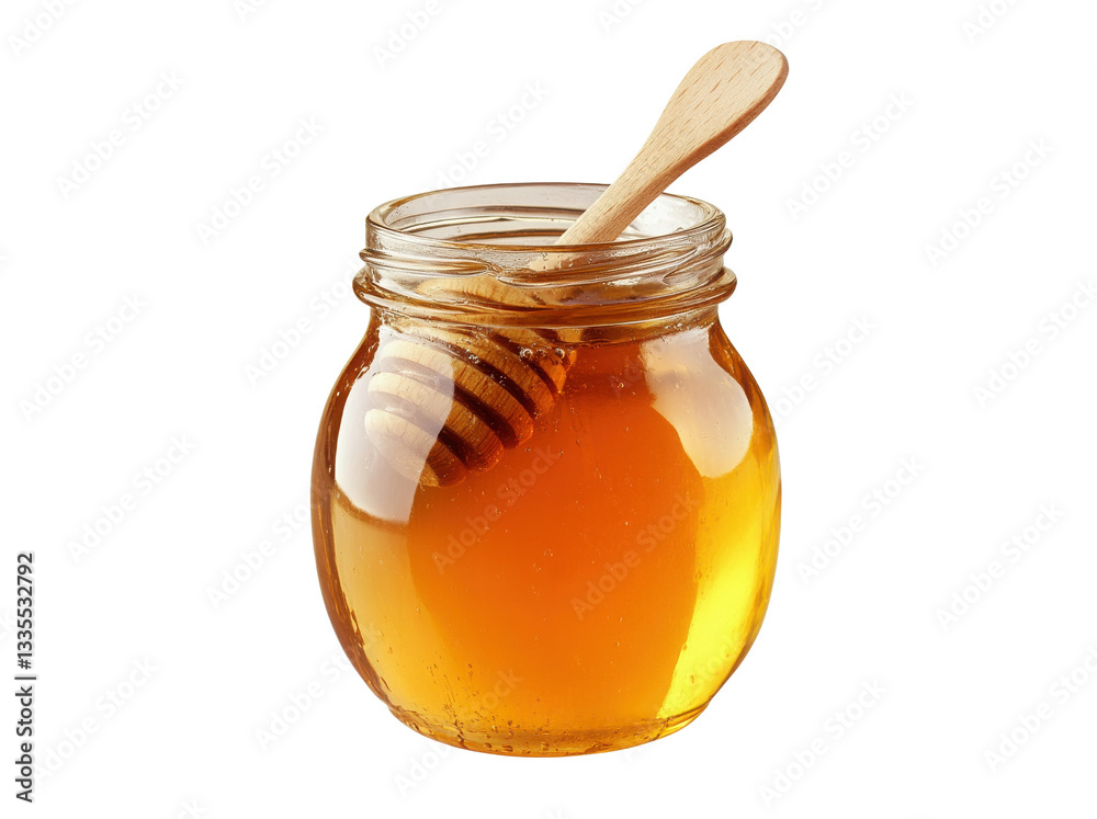 Honey in a glass jar with a wooden spoon, isolated on a transparent background Honey in a glass jar with a wooden spoon, isolated on a transparent background
