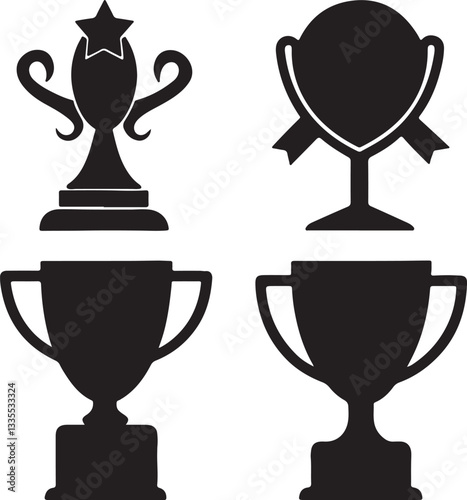  Black trophy icon set silhouette vector on white background