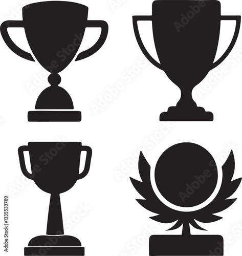  Black trophy icon set silhouette vector on white background