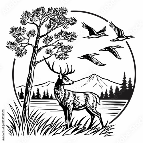 Vector hand-drawn a Whitetail deer under tree, mountain, lake
