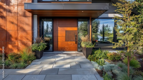 Modern front entrance contemporary residence architectural photo urban setting ground level design inspiration