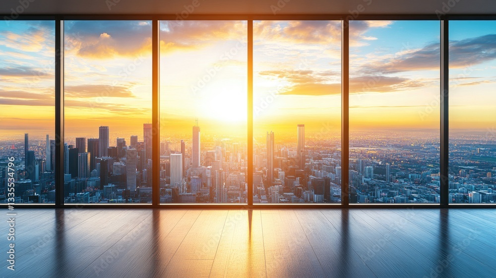 Fototapeta premium High-rise hotel window with a breathtaking view of the city skyline at sunset.