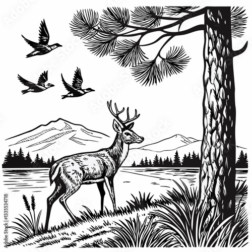 Vector hand-drawn a Whitetail deer under tree, mountain, lake