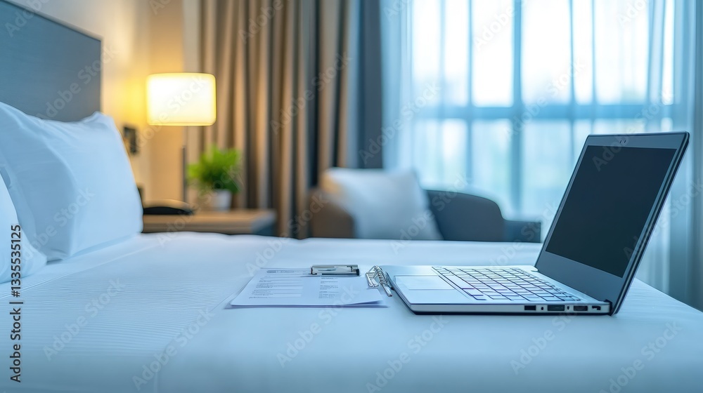 Fototapeta premium Hospitality management setup with scheduling software, reports, and a branded hotel brochure.