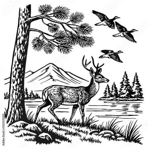 Vector hand-drawn a Whitetail deer under tree, mountain, lake