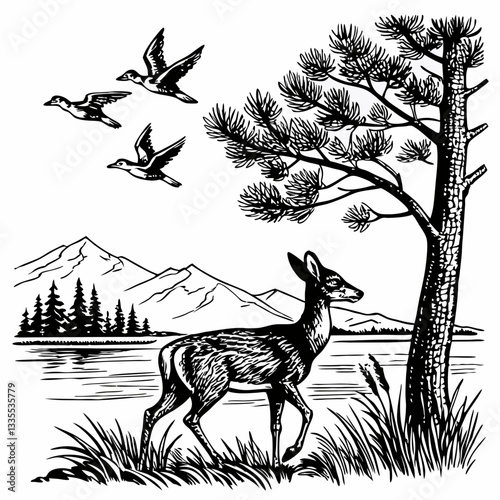 Vector hand-drawn a Whitetail deer under tree, mountain, lake