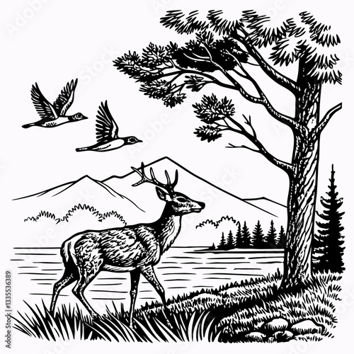 Vector hand-drawn a Whitetail deer under tree, mountain, lake