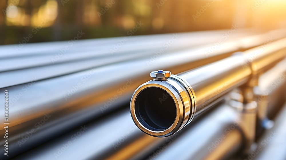 Naklejka premium Close-up of shiny metal pipes with a clamp.