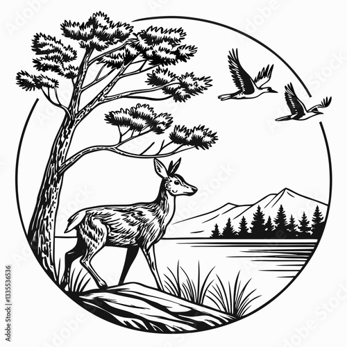 Vector hand-drawn a Whitetail deer under tree, mountain, lake