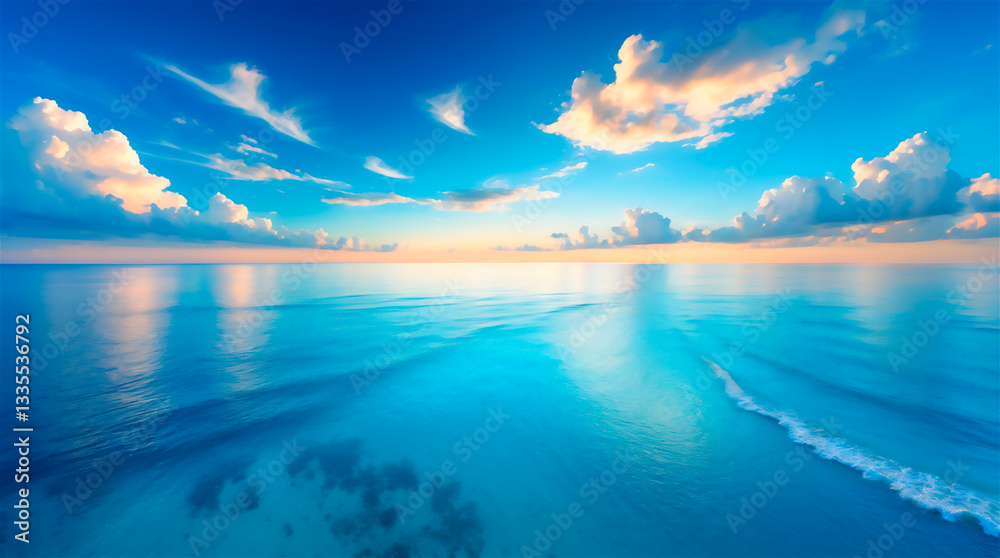 Fototapeta premium Tranquil Blue Ocean Meeting the Sky with Stunning Cloud Reflections