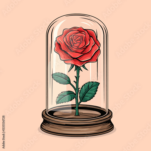 A vibrant red rose enclosed within a glass dome
