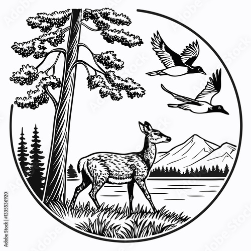 Vector hand-drawn a Whitetail deer under tree, mountain, lake