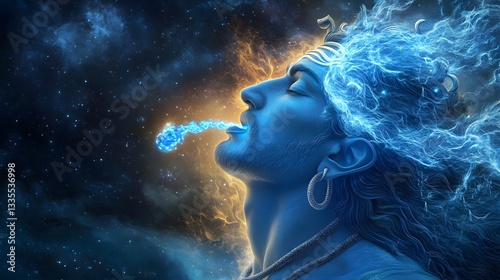 A fierce 3D portrayal of Lord Shiva drinking poison from Samudra Manthan, his throat glowing blue as divine beings watch in awe.