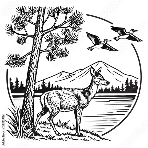 Vector hand-drawn a Whitetail deer under tree, mountain, lake